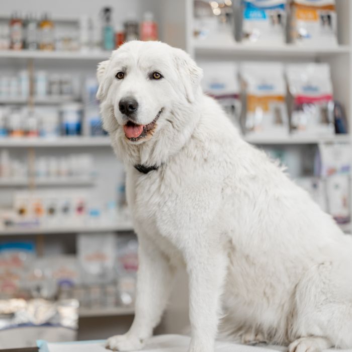 dog sits calmly on a table inside a pharmacy