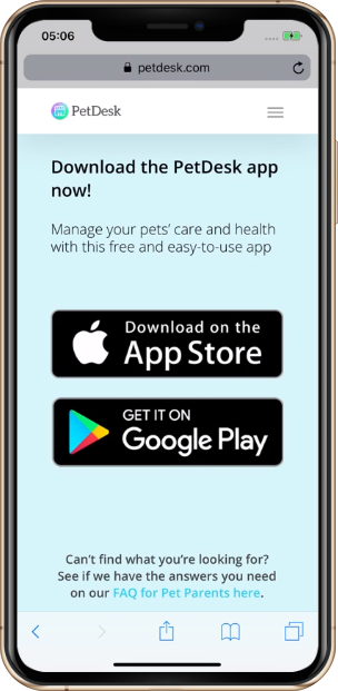 PetDesk app download page on smartphone screen